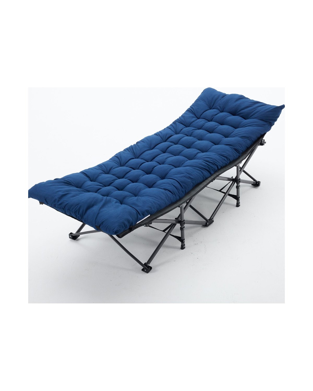 A folding camp bed with a thick padded blue mattress, photographed on a plain white background.
